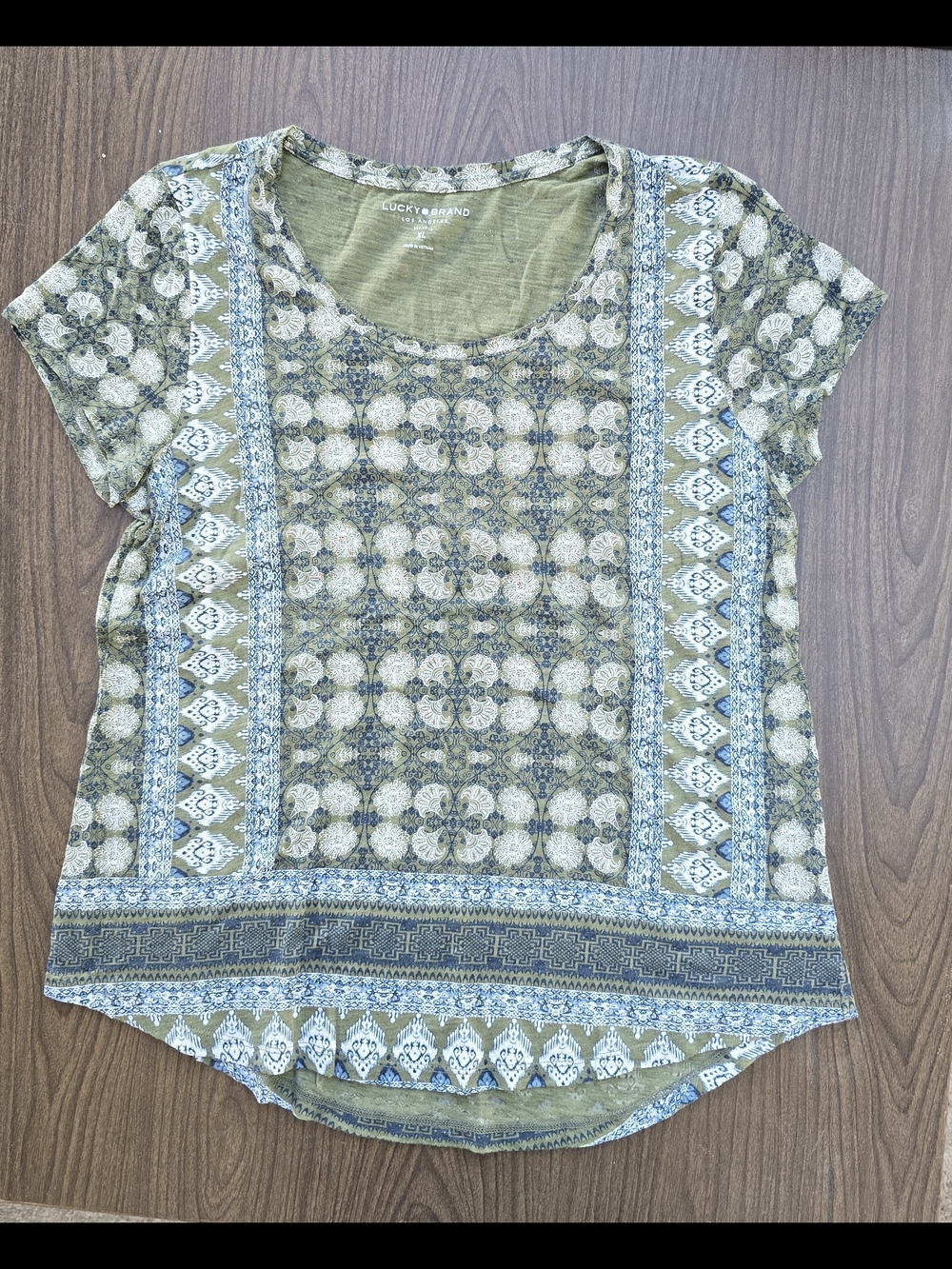 Lucky Brand Olive & Blue Patterned Short Sleeve Boho Top XL